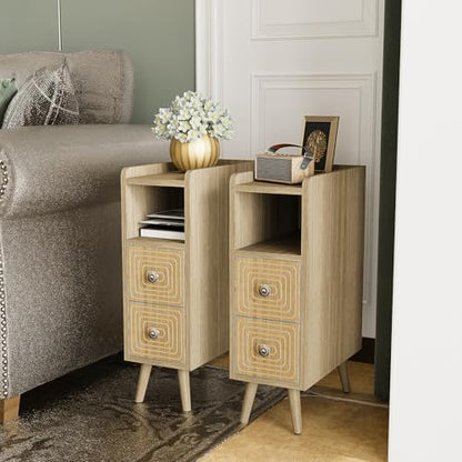 Narrow Nightstands Set of 2, Mid-Century Modern Bedside Table with Carved Drawer and Storage Shelf, Farmhouse Slim Side End Table for Bedroom and Living Room - color: Natural-narrow Nightstands Set of 2