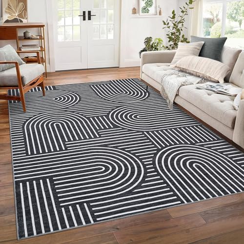 ROYHOME Modern Washable Rug 8x10 Area Rugs for Living Room Non Slip, Black | Abstract Rug for Bedroom, Rainbow Throw Rugs with Rubber Back, Low Pile Stain Resistant Boho Geometric Carpet for Dining Room - color: Black, size: 8' x 10' (Rectangular)