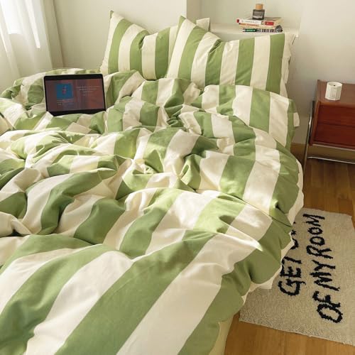 LifeTB Sage Green and White Striped Duvet Cover Set Twin, 100% Washed Microfiber Soft Breathable Striped Bedding Set, 3 Pieces Retro Stripes Pattern Printed Comforter Cover with 2 Pillowcases - color: 09# Sage Green Striped, size: Twin(68"x86")