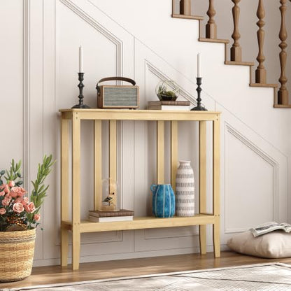 ELYKEN Bamboo 2-Tier Narrow Console Table, 36.2" Long Slim Hallway Table | Sofa Table Behind Couch with Storage Shelf for Entryway, Living Room, Foyer - color: Natural