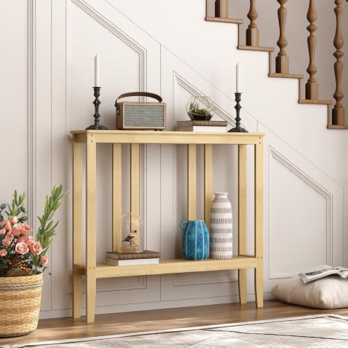 ELYKEN Bamboo 2-Tier Narrow Console Table, 36.2" Long Slim Hallway Table | Sofa Table Behind Couch with Storage Shelf for Entryway, Living Room, Foyer - color: Natural