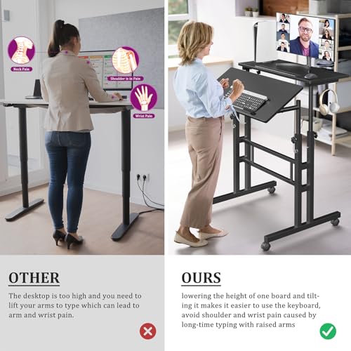 Enayplon Small Standing Desk with Wheels, Mobile Stand Up Desk, Portable Standing Table on Wheels for Walking Pad, Rolling Computer Desk Adjustable Height, Tall Table - color: Black