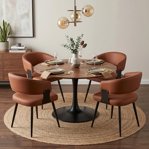 Dining Chairs Set of 4, Modern Upholstered Faux Leather Kitchen Chairs with Curved Back, Easy to Assemble & Clean for Dining Room, Restaurant, Cafe, Brown | Faux Leather Upholstery, Curved Back, Metal Legs, Easy Clean, Dining Room, Kitchen, Breakfast Nook