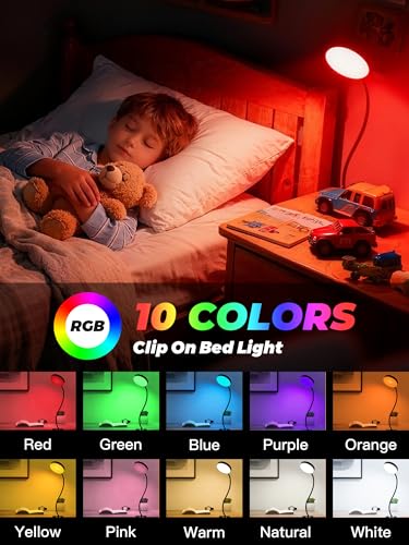 Clip on Light,10 RGB Colors+10 Brightness Small Desk Lamp with Clamp Light | 500 lm Bright 72 LED Desk Light, USB Adapter Reading Lights for Books in Bed/Headboard/Bedside Table/Bedroom/Dorm/Home Office - color: Black
