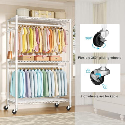 P1 Plus Rolling Clothes Rack, 22mm Diameter Heavy Duty Garment Rack | Freestanding Clothing Rack with Wheels and Double Rods, Portable Closet Wardrobe System Max Load 524lbs, White - color: White, size: P1 Plus
