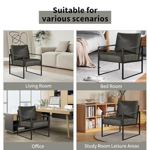 Mid Century Modern Accent Chair, PU Leather Armchair with Metal Frame,Comfy Single Reading Chair with Soft Padded Backrest and Cushion for Living Room, Bedroom,Reading Room,Office,Dark Grey - color: Dark Grey