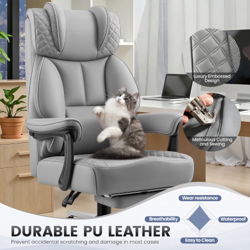 BestGlory Office Desk Chair, Big and Tall Leather Gaming Chair with Footrest, Ergonomic Comfy Executive High-Back Reclining Computer Chairs, Wide Swivel Rolling Wheels and Padded Lumbar Support, Gray - color: Grey, style: Freely Reclining