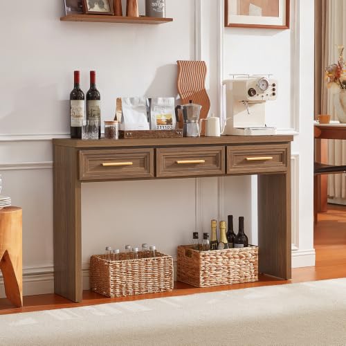 RWYHG 47" Entryway Table with 3 Drawers, Wood Console Table, Light Walnut | Layered Drawer Front Design , Open Bottom Storage, Farmhouse Behind Couch Table, Entry Table for Living Room Hallway& Foyer - color: Light Walnut