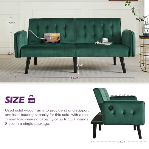 65'' Convertible Futon Sofa Bed with USB, Small Couch for Living Room | Sleeper Sofa and Loveseat, Adjustable Folding Couch with Tufted Design and 2 USB Ports, Bedroom Apartment Office, Green - color: Green