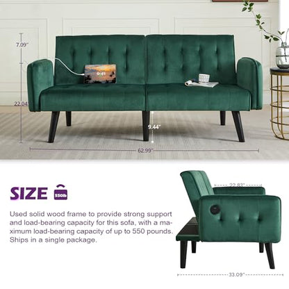 65'' Convertible Futon Sofa Bed with USB, Small Couch for Living Room | Sleeper Sofa and Loveseat, Adjustable Folding Couch with Tufted Design and 2 USB Ports, Bedroom Apartment Office, Green - color: Green
