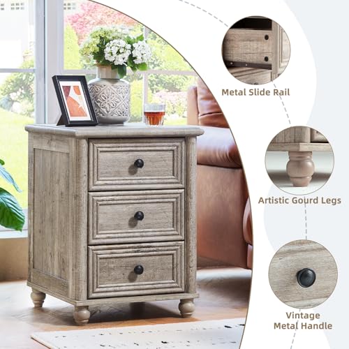 RWYHG 18" Night Stand with 3 Drawers, Farmhouse Modern Nightstand | Grey Bedside Table, Open Storage Shelf, Solid Wood Legs, Bed Side End Tables for Bedroom Living Room - color: Gray Oak, style: 3 Drawers