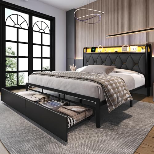 Ailisite Full Size Bed Frame with Headboard and Storage Drawers, Upholstered Black Platform Bed Frame with Typ-C Charging Port, LED Bed Frame with Storage Headboard,Heavy Duty,No Box Spring Needed - color: Black, size: Full