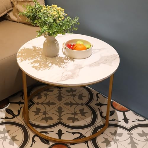 aboxoo Coffee Table Nesting White Set of 2 Side Set Golden Frame Circular Round and Marble Pattern Wooden Tables, Living Room Bedroom Apartment Modern Industrial Simple Nightstand - color: Gold White
