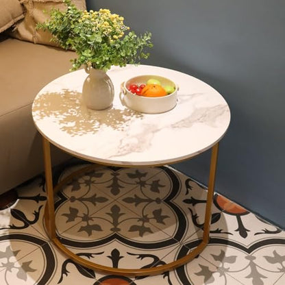 aboxoo Coffee Table Nesting White Set of 2 Side Set Golden Frame Circular Round and Marble Pattern Wooden Tables, Living Room Bedroom Apartment Modern Industrial Simple Nightstand - color: Gold White