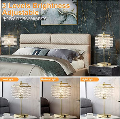 Luvkczc Set of 2 USB Bedside Crystal Table Lamp Gold, Touch Control Lamp, Dimmable Lamp with Crystal Shade for Bedroom, Living Room, 6W LED Bulb Included - color: Gold, 2 Pack