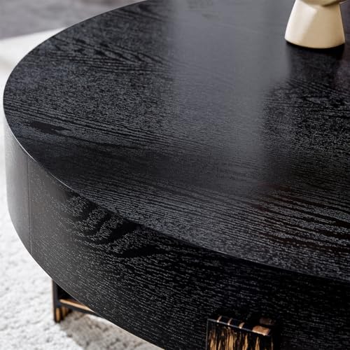 Round Coffee Table, Mid Century Small Coffee Table with Metal Legs, Wood Coffee Table Accent Center Table for Living Room Apartment Small Space (31.5''D-Black) - color: X Black