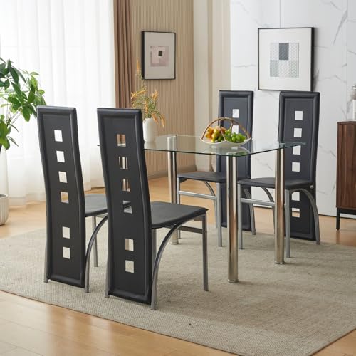 Karl home Dining Chairs Set of 4, PU Leather & Hollow High Back, Black | Black kitchen chairs with padded seats & foot cap protection for dining kitchen living room,300lbs capacity,space-saving - color: Black, size: Set of 4(1)