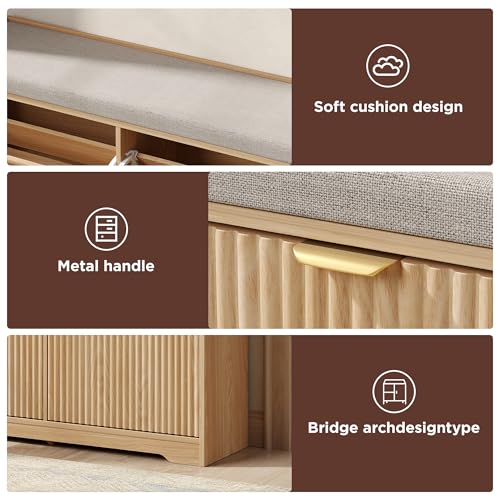 Maupvit 39.4" Fluted Shoe Bench with Storage, Narrow Entryway Bench,Natural | with Removable Seat Cushion & 2 Flip-Drawers, Shoe Cabinet Bench, Boho Hidden Shoe Rack for Entrance, Hallway, Living Room - color: Natural