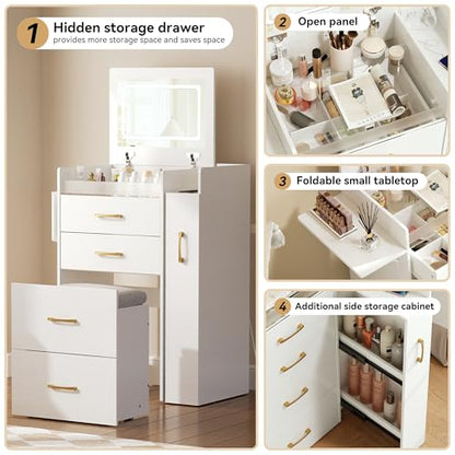 Herture 3 in 1 Vanity Desk with Flip Top Mirror, Comapct Vanity | Small Vanity with Lights,Outlets,Side Cabinet,Collapsible Desk Panel,Storage Hidden Stool,Makeup Vanity Table White PT01DTW - color: White