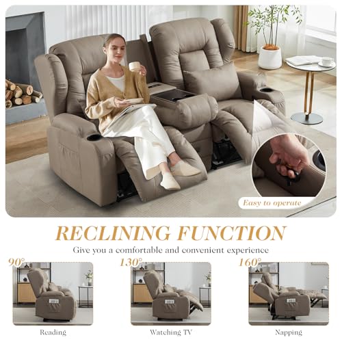 Loveseat Recliner Sofa,RV Wall Hugger Recliners with Flip-up Console,Reclining Loveseat Sofa Recliner with Cup Holders/Lumbar Pillows for Small Spaces,RV Furniture (Khaki,68" 2-Seater) - color: Khaki, size: 68" 2-Seater