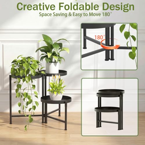 3 Tier Tall Metal Plant Stand, Duty Tiered Flower Shelf for Patio Garden | Foldable storage, Rotatable 3-tier design, leakproof trays, Waterproof rustproof, 10-minute easy assembly - size: 3 Tier
