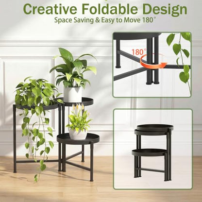 3 Tier Tall Metal Plant Stand, Duty Tiered Flower Shelf for Patio Garden | Foldable storage, Rotatable 3-tier design, leakproof trays, Waterproof rustproof, 10-minute easy assembly - size: 3 Tier