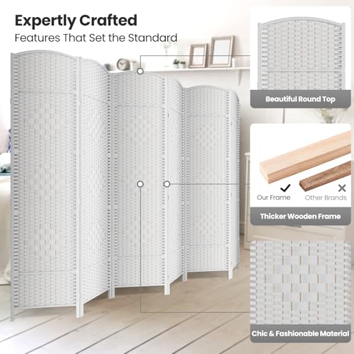 6 Panel Folding Room Divider,Woven Privacy Screen,White | Solid wood frame, handcrafted diamond pattern, 6FT tall, extends to 94.5 inches wide, no assembly required - color: White, size: 6-Panel