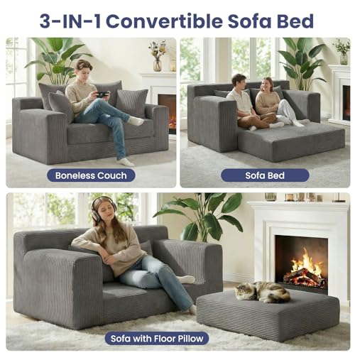 3-in-1 Convertible Sofa Bed: Boneless Loveseat Sleeper & Folding Couch Bed with 4 Pillows & Detachable Cushion for Bedroom, Small Space, Guest and Living Room, Corduroy Futon, No Assembly,Grey