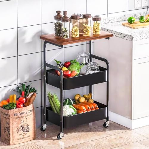 3 Tier Metal Storage Utility Cart with Wooden Top, Rolling Home Organizer | Stable and Sturdy, 2 Lockable Wheels, Multi-Purpose for Snacks, Coffee, Craft, Makeup, Garage, Bedside, Kitchen, Office