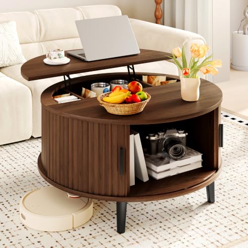 DreamDashio 31.5" Round Lift Top Coffee Table with Hidden Storage, Mid Century Modern Fluted Coffee Tables with Sliding Tambour Door, Small Wood Center Tables for Living Room, Small Space, Walnut