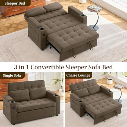 Korser 55.5'' 3-in-1 Convertible Sofa Bed, Pull Out Couch with 5-Position Adjustable Backrest, Loveseat Sleeper Sofa for Small Spaces, Sofa Couch with Cup Holders for Living Room, Office, Chenille - color: Brown