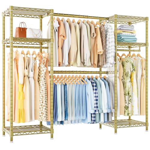 E7 Garment Rack, Heavy Duty Clothes Storage System with Extendable Rod | Metal Clothing Rack with 6 Wire Shelves, Freestanding Portable Closet Wardrobe for Hanging Clothes, Load 838lbs, Gold - color: Gold