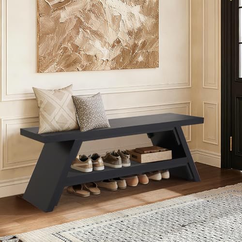 2-Tier Shoe Storage Bench, Solid Wood Entryway Stool Storage | Narrow Shoes Racks for Entryway, Minimalist Multi-Purpose Bench for Hallway, Kitchen, Bedroom, or Dining Room - color: Black, size: 47.2" Length