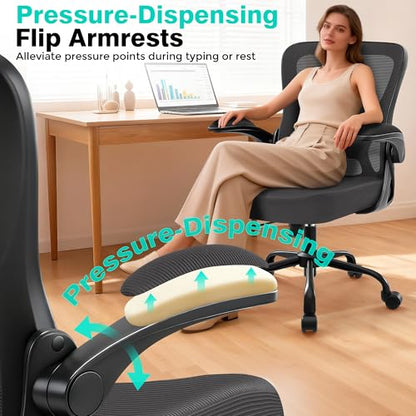 Office Chair - Ergonomic Breathable Mesh Desk Chair with Adjustable Lumbar Support and Flip-up Armrests - Executive High Back Rolling Swivel Comfortable Computer Gaming Chair for Home Office - color: Dark Gray