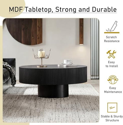 Round Fluted Coffee Table Handcrafted Relief Drum End Table | Mid Century Modern Drum Coffee Tables Rustic Industrial Wood Center Table for Apartment Living Room - color: Black Round Thick
