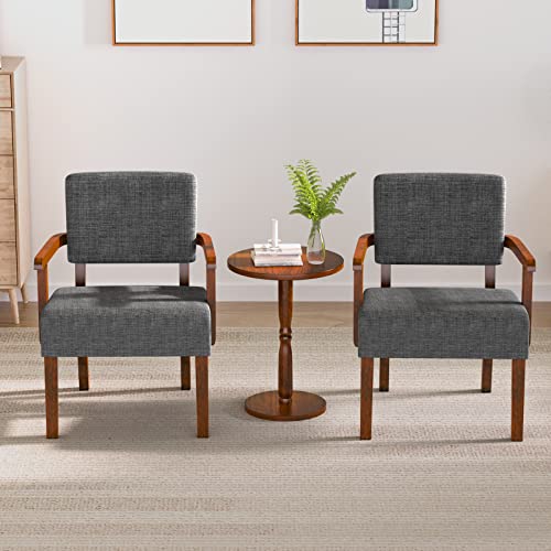 Accent Chairs Set of 2, 2 Solid Wood Armchairs with Side Table | Living Room Chairs with Soft Thicken Cushion, Comfy Reading Chair for Bedroom, Waiting Room, Home Office, Easy Assembly - color: Linen Gray, size: Set of 2 with table