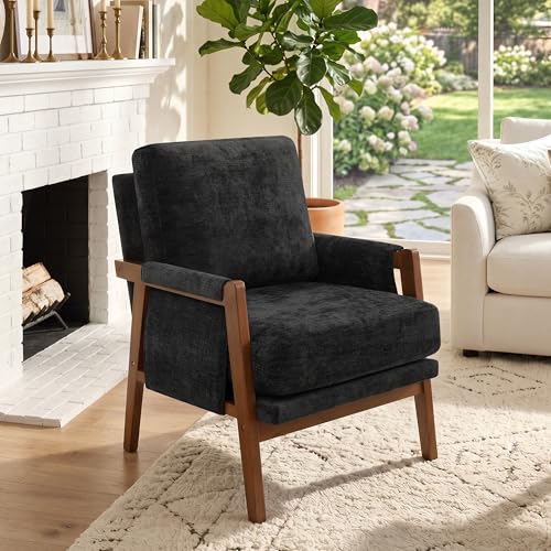 RNKSFX Black Accent Chair for Bedroom & Living Room, Mid Century Modern Accent Arm Chair, Upholstered Anthropologie Accent Chair with Solid Wood Frame, Fabric - color: Black