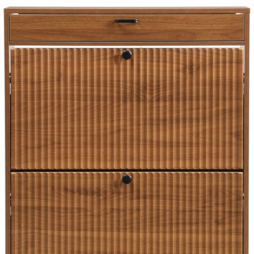 Shoe Cabinet, Shoe Storage Organizer Cabinet with 2 Flip Wavy Line Drawers, Freestanding Shoe Rack with Adjustable Shelf for Entryway, (Walnut) - color: Wavy Line-walnut