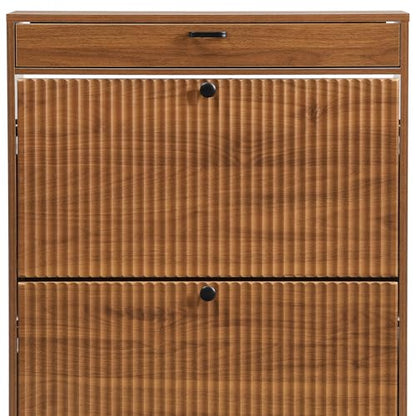 Shoe Cabinet, Shoe Storage Organizer Cabinet with 2 Flip Wavy Line Drawers, Freestanding Shoe Rack with Adjustable Shelf for Entryway, (Walnut) - color: Wavy Line-walnut