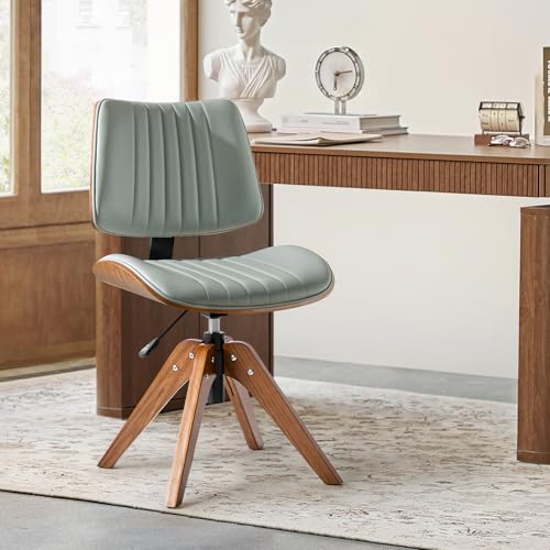 HULALA HOME Faux Leather Home Office Desk Chair No Wheels, Sage | Mid-Century Modern Desk Chair with Wood Legs, 360° Swivel Computer Task Chair with Channel-Tufted Backrest, Height Adjustable - color: Sage