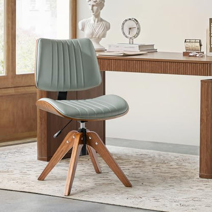 HULALA HOME Faux Leather Home Office Desk Chair No Wheels, Sage | Mid-Century Modern Desk Chair with Wood Legs, 360° Swivel Computer Task Chair with Channel-Tufted Backrest, Height Adjustable - color: Sage