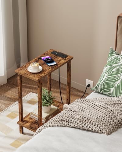 TUTOTAK Narrow Side Table, 2-Tier Small End Table with Charging Station | Skinny Sofa Table, Slim Nightstand, Easy Assembly for Living Room, Bedroom, Pure Brown TB01BB060C - color: Pure Brown, size: 2-tier