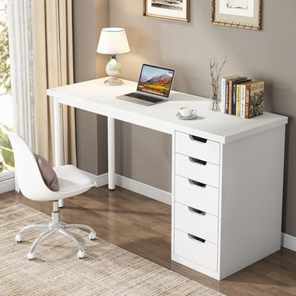 Tribesigns Computer Desk with 5 Drawers, 47 inches Rustic Brown Home Office Desk with Storage, Modern Simple Laptop Desk Study Writing Table for Small Spaces (1, White) - color: White