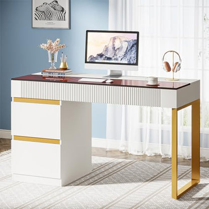 Tribesigns Vanity Desk with Glass Top, 4 Drawers Makeup Vanity Table | Modern Makeup Dresser Desk, White Gold Vanities with Visual Drawer for Bedroom