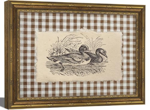 Vintage Gold Framed Duck Wall Art - Cottage Core Farmhouse Wall Decor, Rustic Brown Gingham Duck Wall Decor Picture Country Cottage Illustration Poster Print Artwork for Living Room Bedroom 9x11in - color: Duck, size: 11"L x 9"W