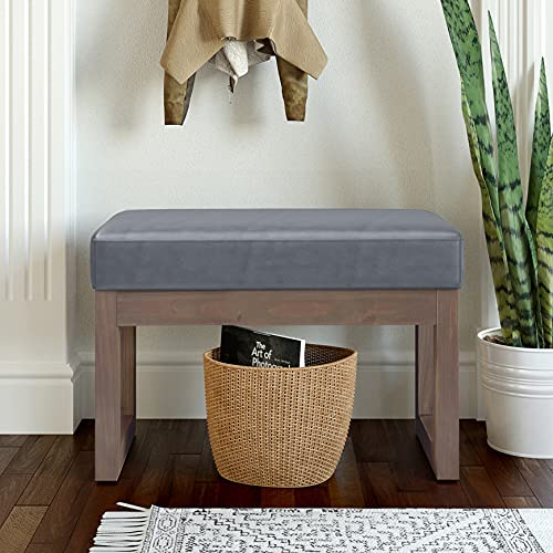 SIMPLIHOME Milltown 27" Wide Vegan Leather Rectangle Ottoman in Grey | Stone grey, contemporary ottoman, footstool or footrest with a cushioned seat for extra seating in your bedroom or entryway. - color: Stone Grey, style: Small Ottoman Bench