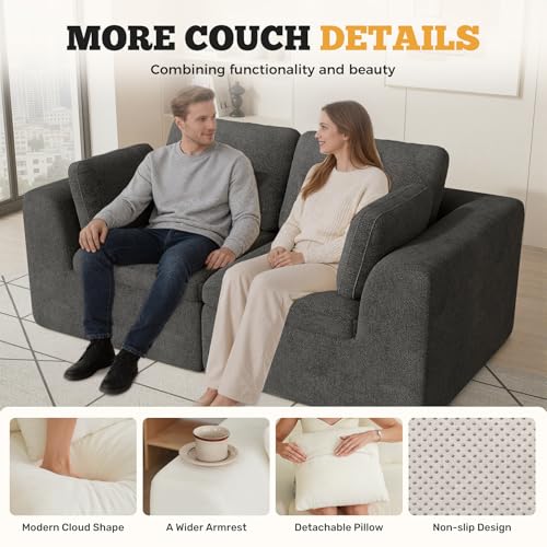 Luxanimarion 85'' Loveseat Sofa, Cloud Boneless Couches for Living Room, 2 Seater Modular Sectional Sofa,Oversized,DarkGary Chenille - color: Dark Gary, size: Love Seat