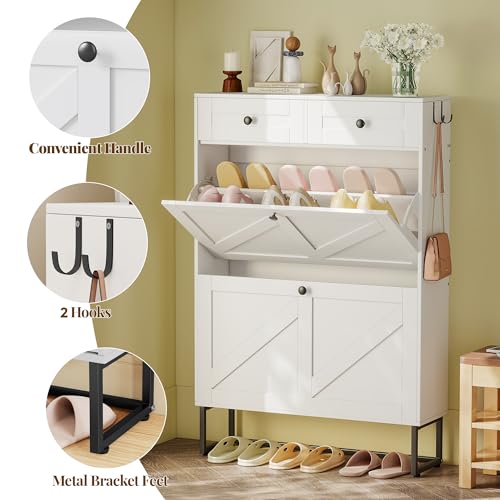 Shoe Cabinet with 2 Flip Drawers Freestanding Shoe Organizer with 2 Fabric Drawers Farmhouse Flip Shoe Storage Cabinet Narrow Shoe Rack Cabinet for Entryway, Hallway, Living Room, White