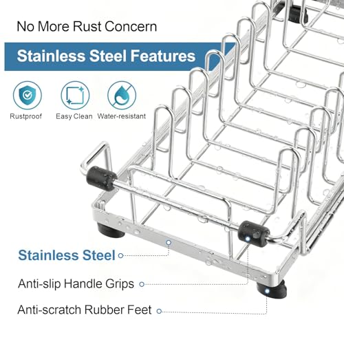 Small Sink Dish Drying Rack - Stainless Steel in Sink Dish Rack for RV Camper, Expandable Kitchen Counter Drainer with Utensil Holder, 13.2''-19.1" L x 6.5" W x 4.3" H, Silver
