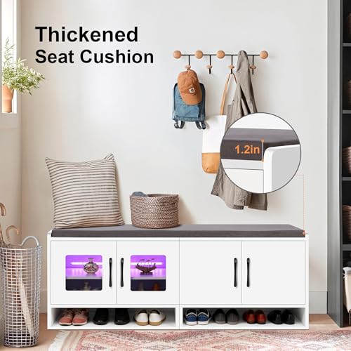 Shoe Bench with Thickened Cushion,Entrance Bench with Glass Door and Ambient Light,Three-Layer Shoe Rack,Color Changing Light Strip, Two Large Storage Spaces,Living Room,Bedroom,White